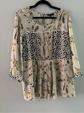 Dalia Collection Plus Size 3XL Boho Mixed Print Pleated Peasant Blouse Tunic Top